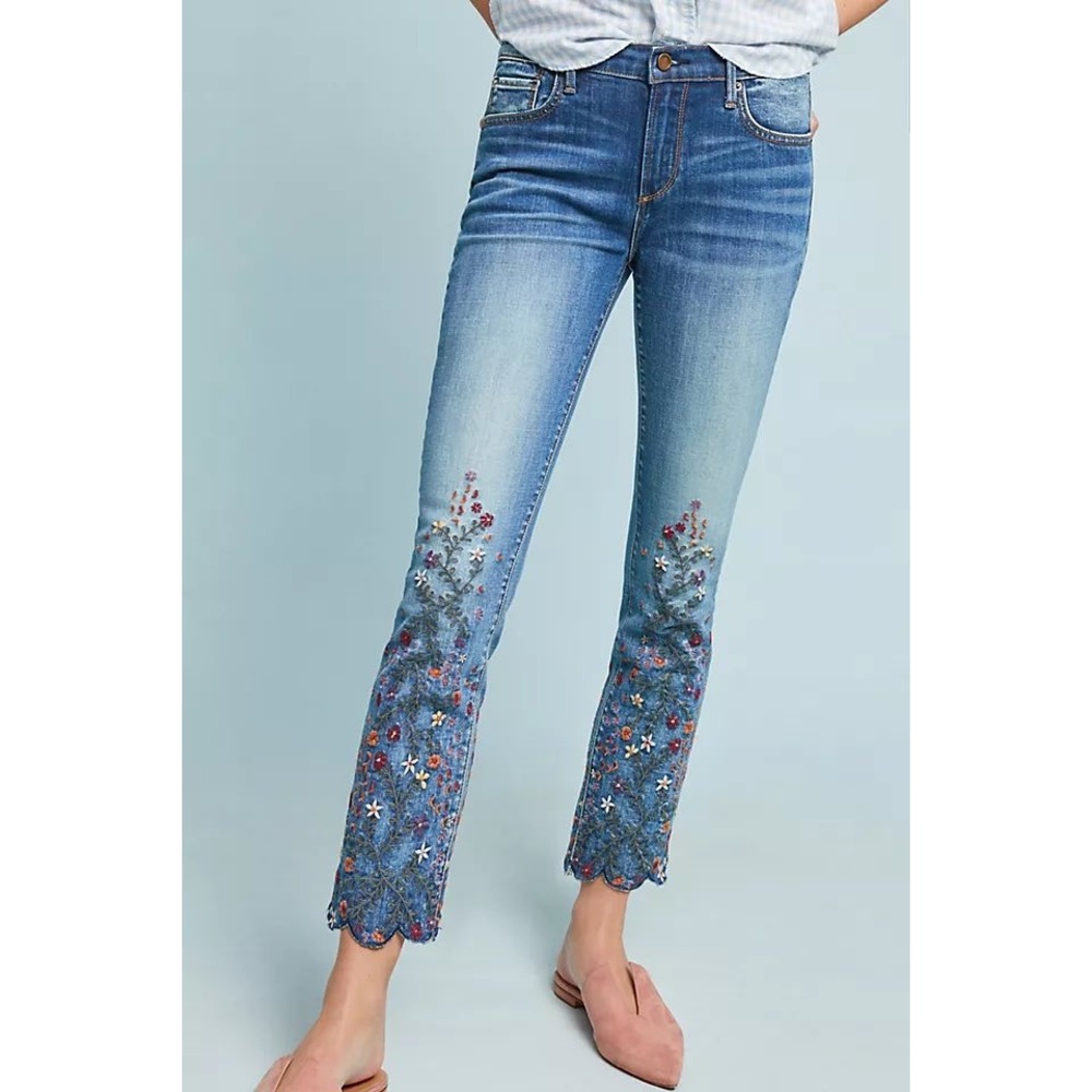 Driftwood Candace Embroidered Jeans Womens 26 Blue Floral Scalloped Hem Ankle